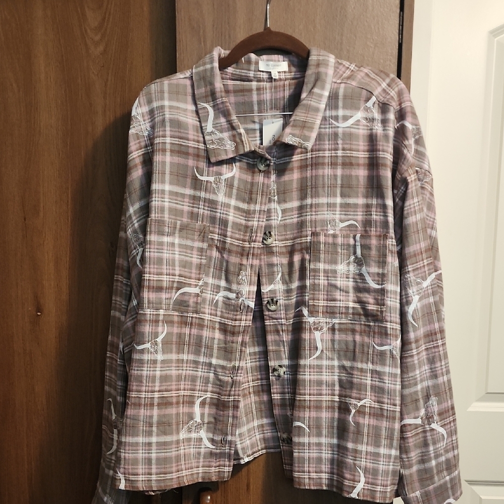No Comment NWT 3X Woman’s Cropped Flannel button up soft Long Horns Rodeo Ready!